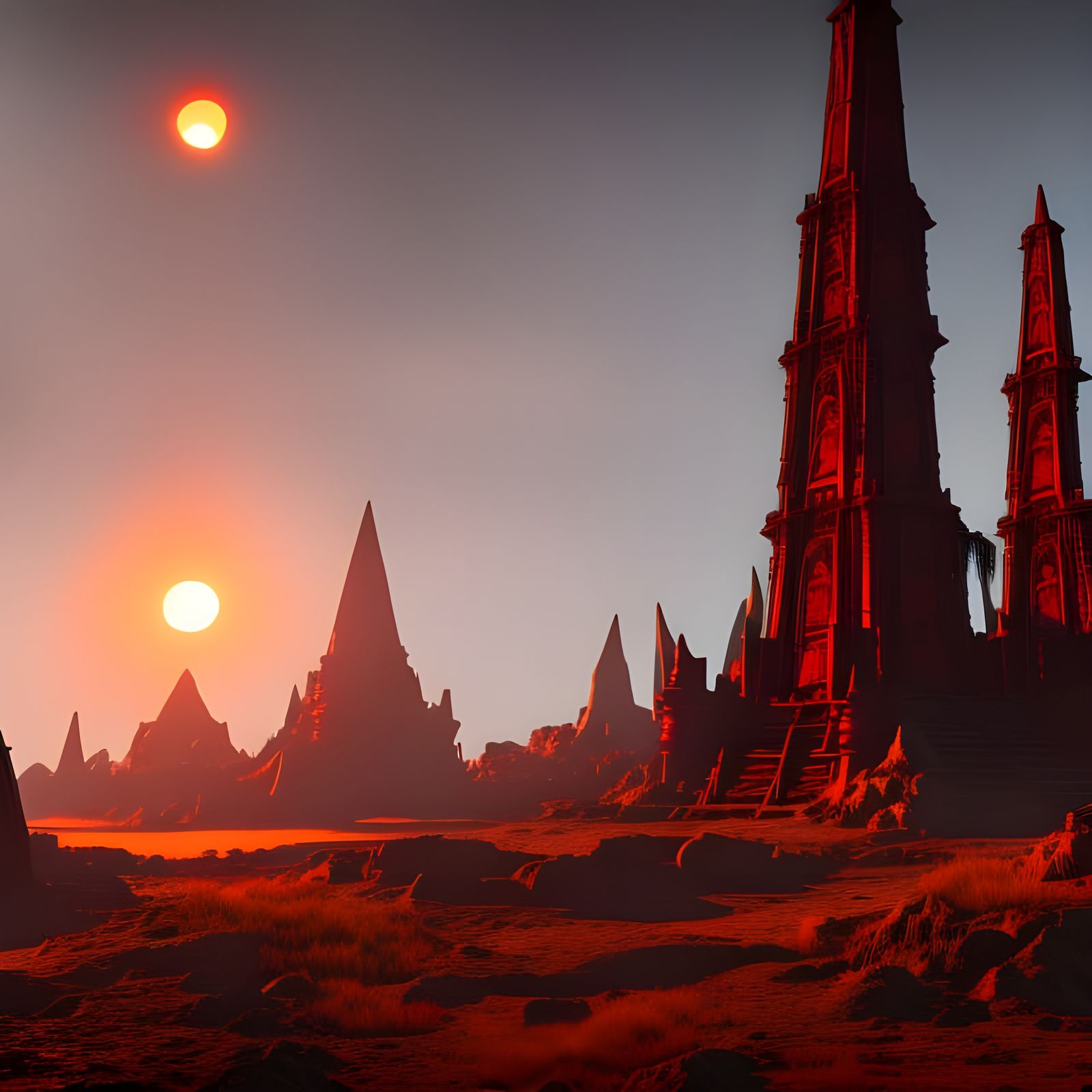 Alien Ruins Under a Red Sun: Dark Fantasy Art