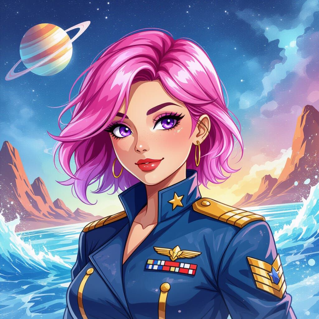 Pink Haired Space Captain Exploring Alien Planet