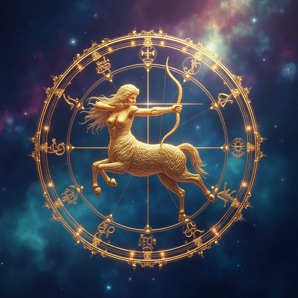 Gold Centaur Zodiac Wheel in Cosmic Digital Painting Style