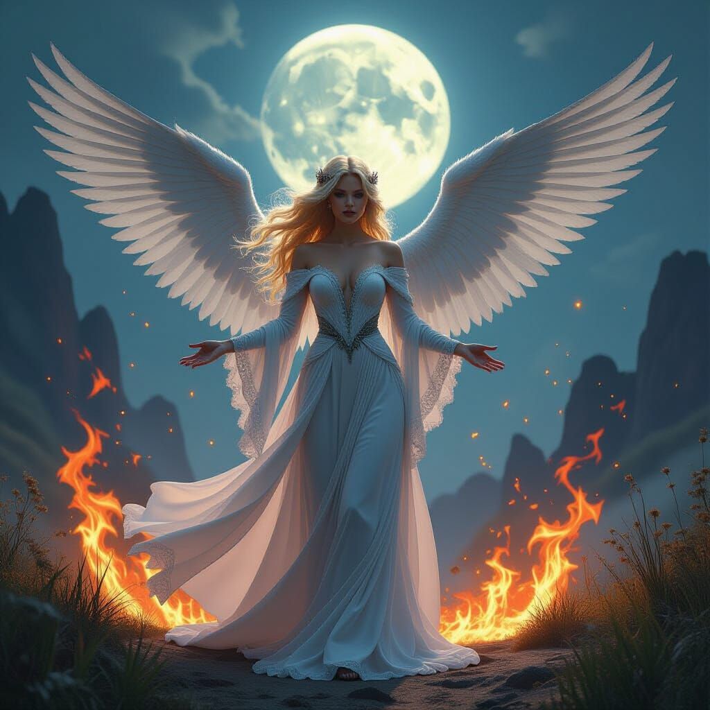 Ethereal Goddess Casting Spell in a Moonlit Landscape