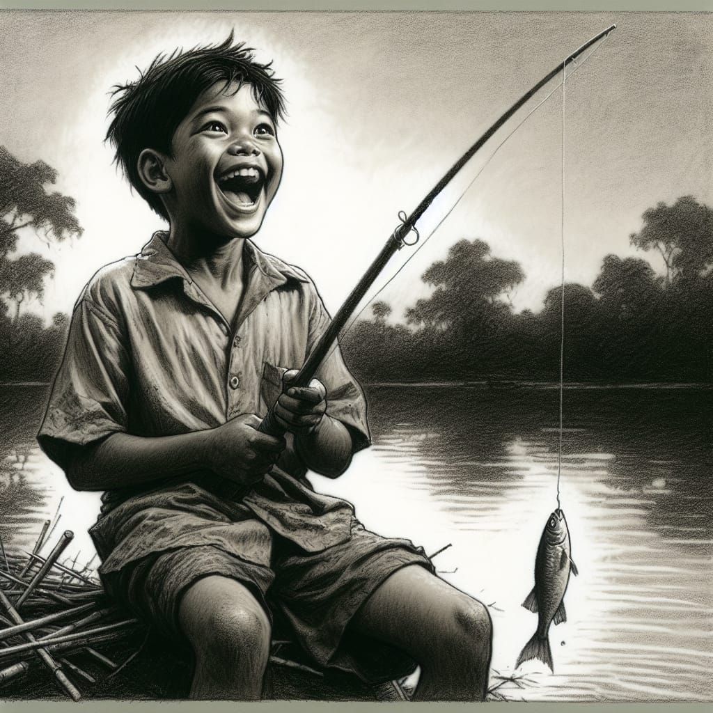Boy's First Fish: A 19th-Century Charcoal Drawing