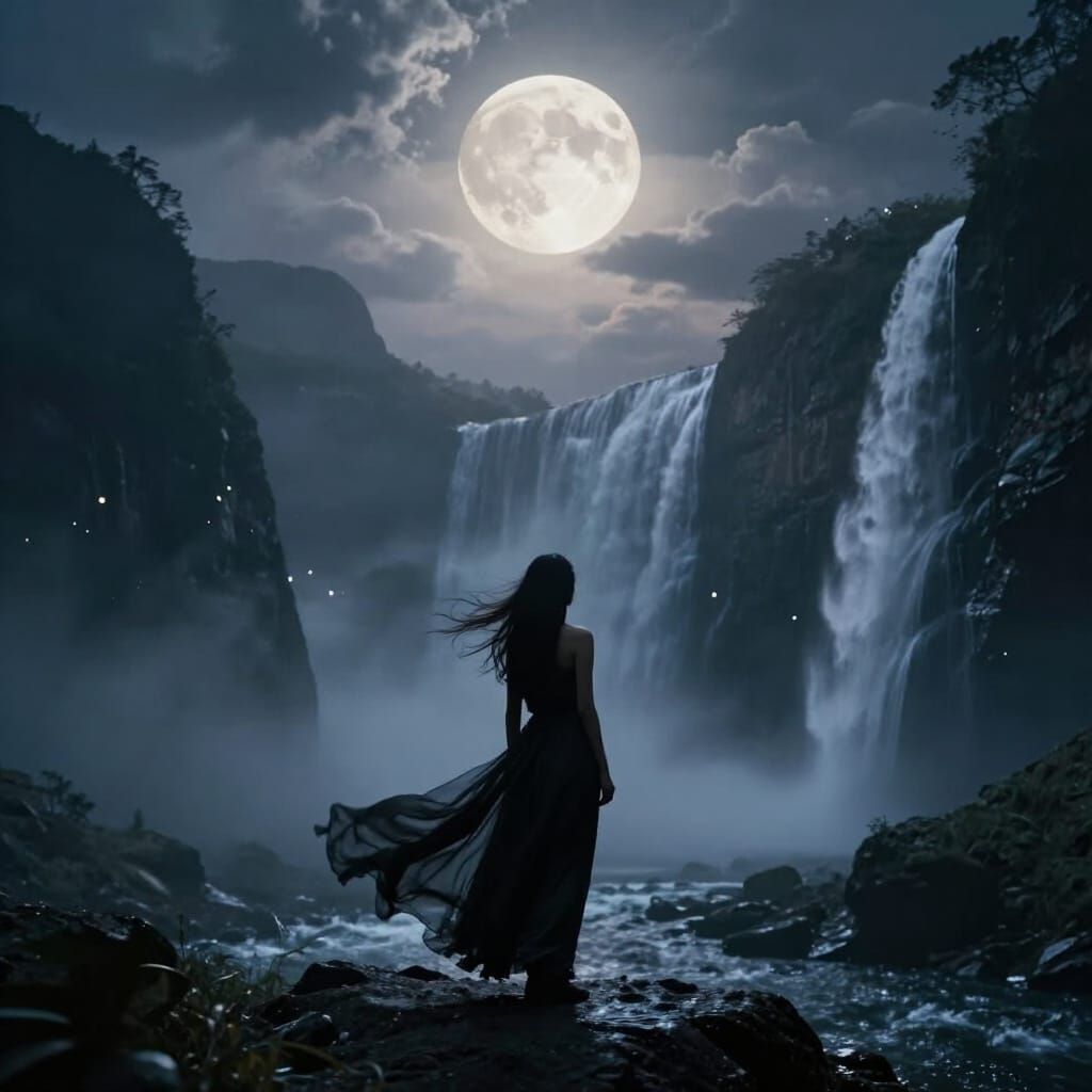 Woman on Ledge Over Misty Valley Under Full Moon