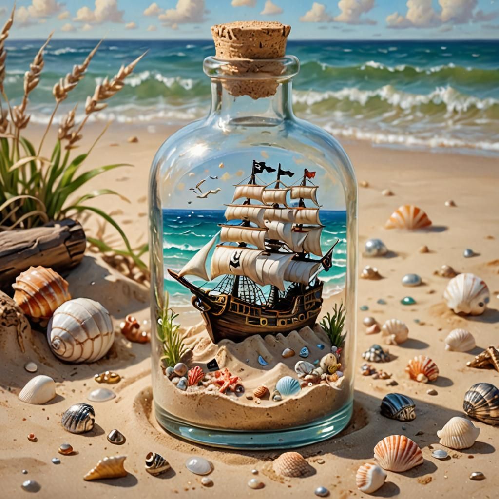 Pirate Ship Trapped in Bottle, Impressionist Oil Painting