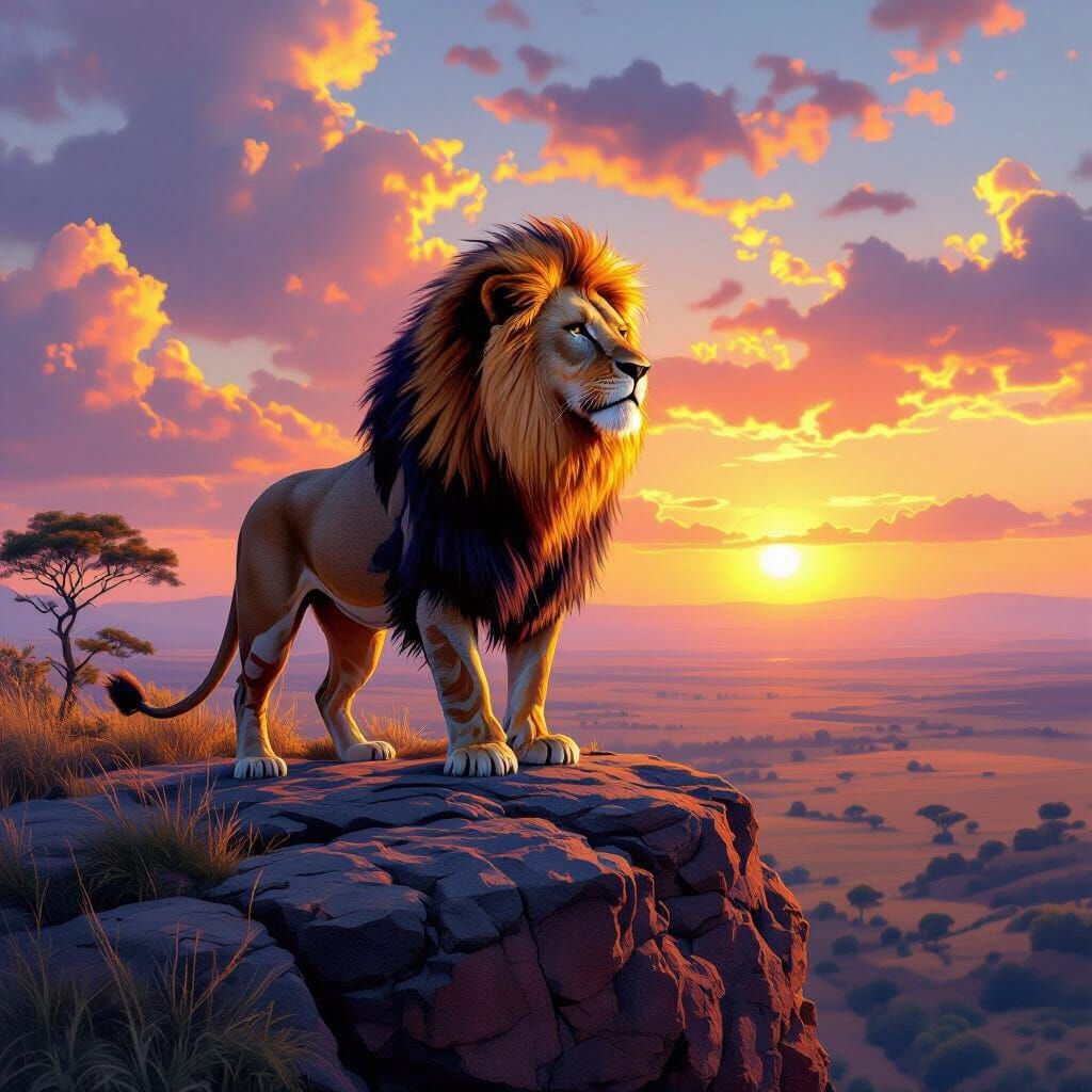 Lion with Tribal Markings at Sunset