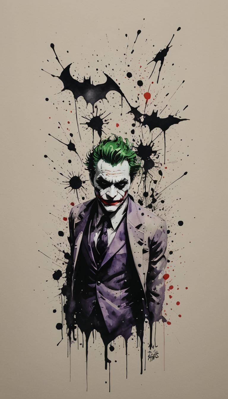 Minimalist Joker Ink Painting with Vivid Splashes