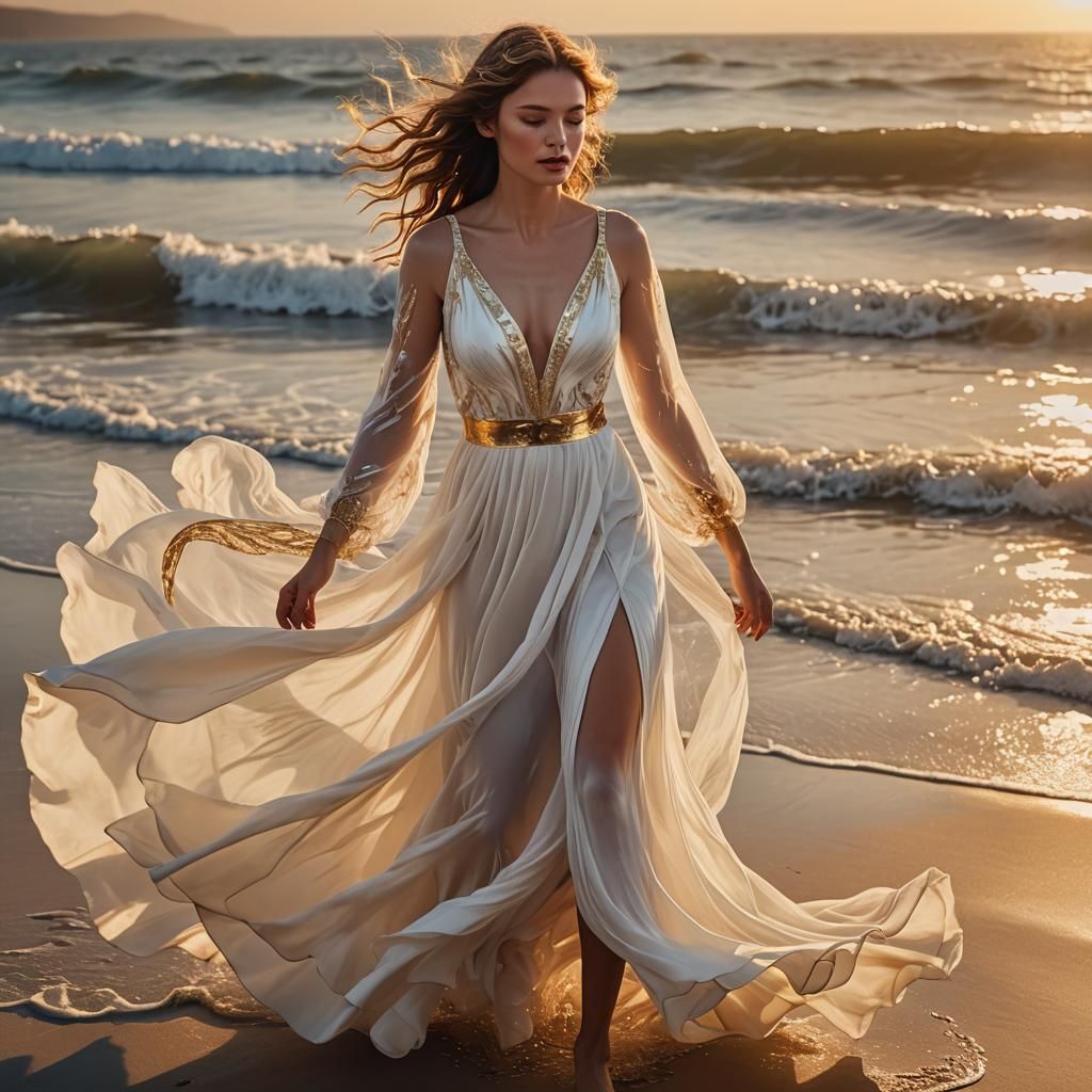 Woman in Flowing Dress at Sunset: Vivid Digital Art