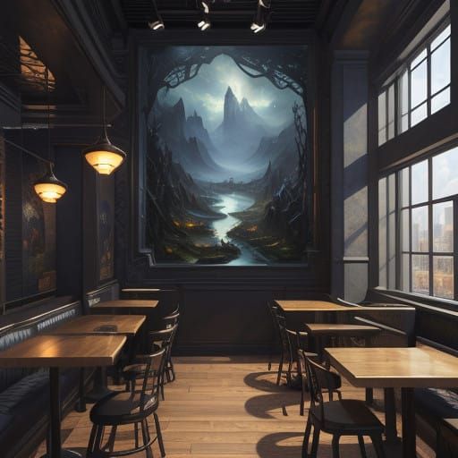 Surreal Fantasy Coffeeshop in Vibrant, Dreamlike Detail