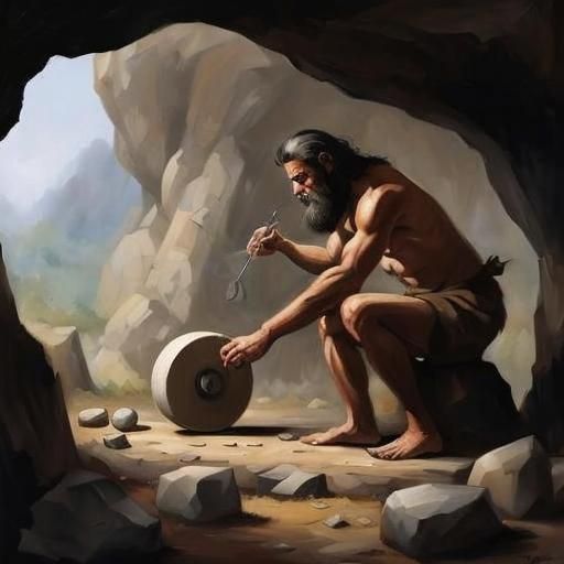 Cave man inventing a big solid stone wheel