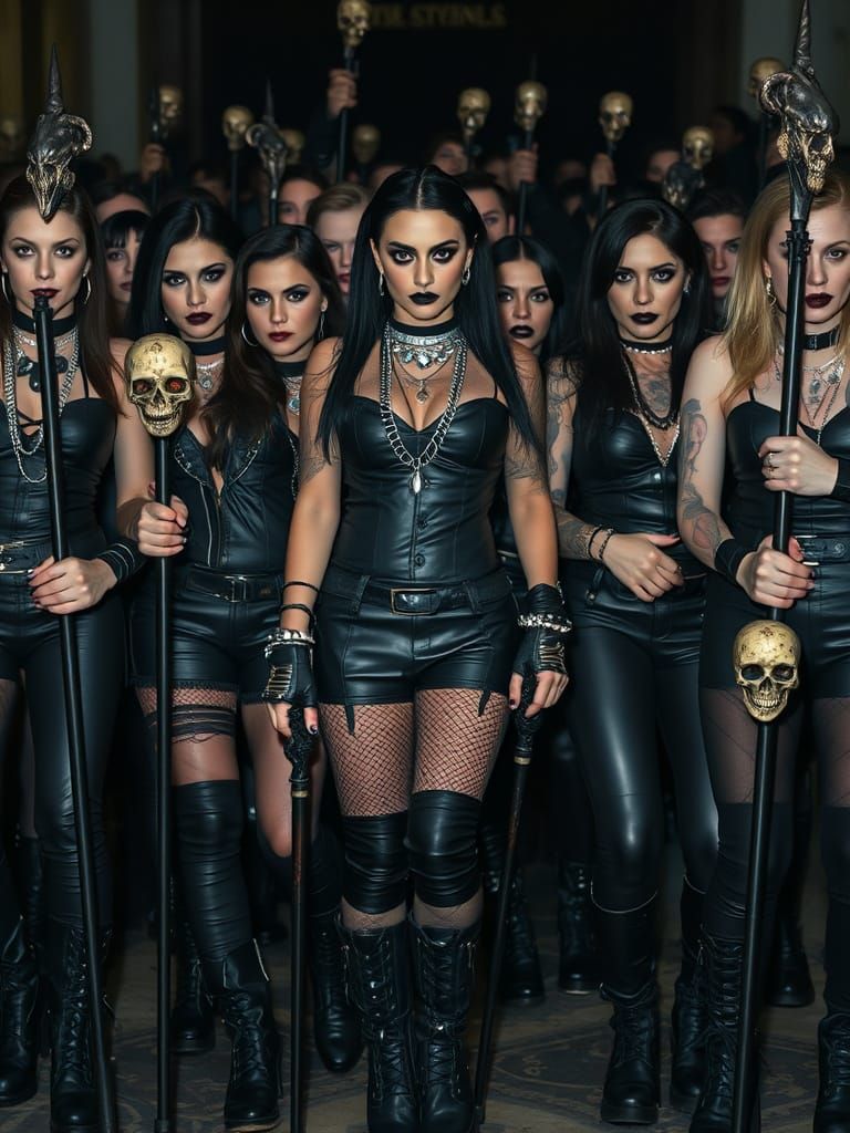 Goth Women in Dark, Ominous Style with Gothic Skull Canes