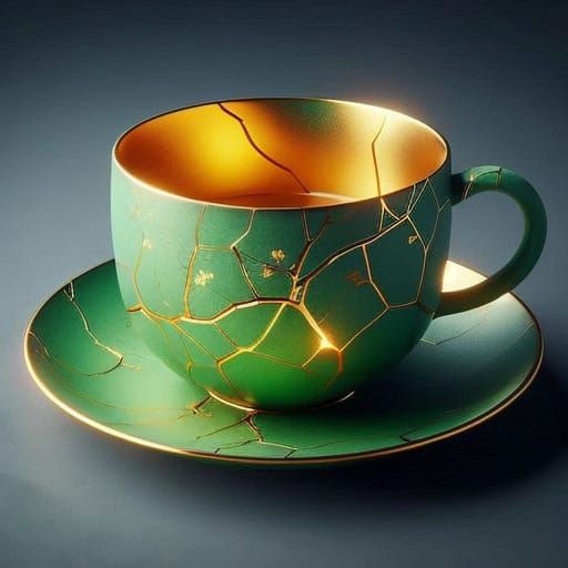 Golden Teacup with Kintsugi Cracks on Gray Gradient