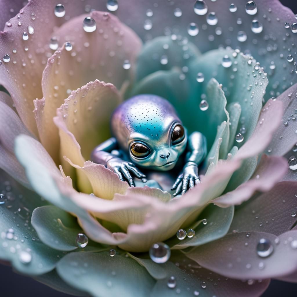 Tiny Floral Alien Baby Asleep in Pastel Flower