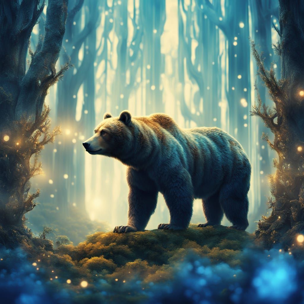 Surreal Bear in Serene Forest with Glowing Blue Holly