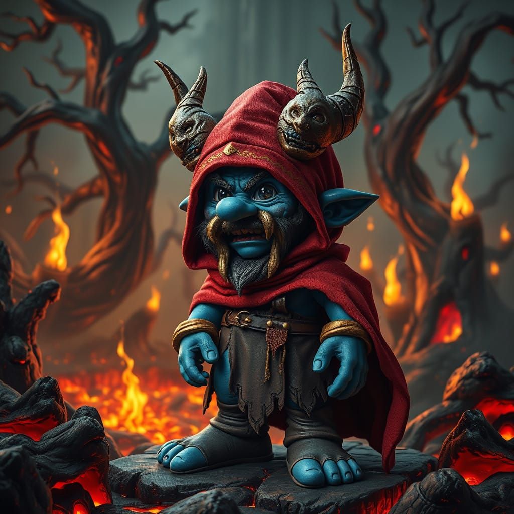 Eerily Lifelike Devil Smurf Amidst Hellish Landscape