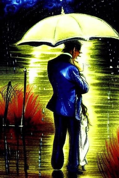 Melancholy Man Remembers Wife: Ink Painting by Gurney