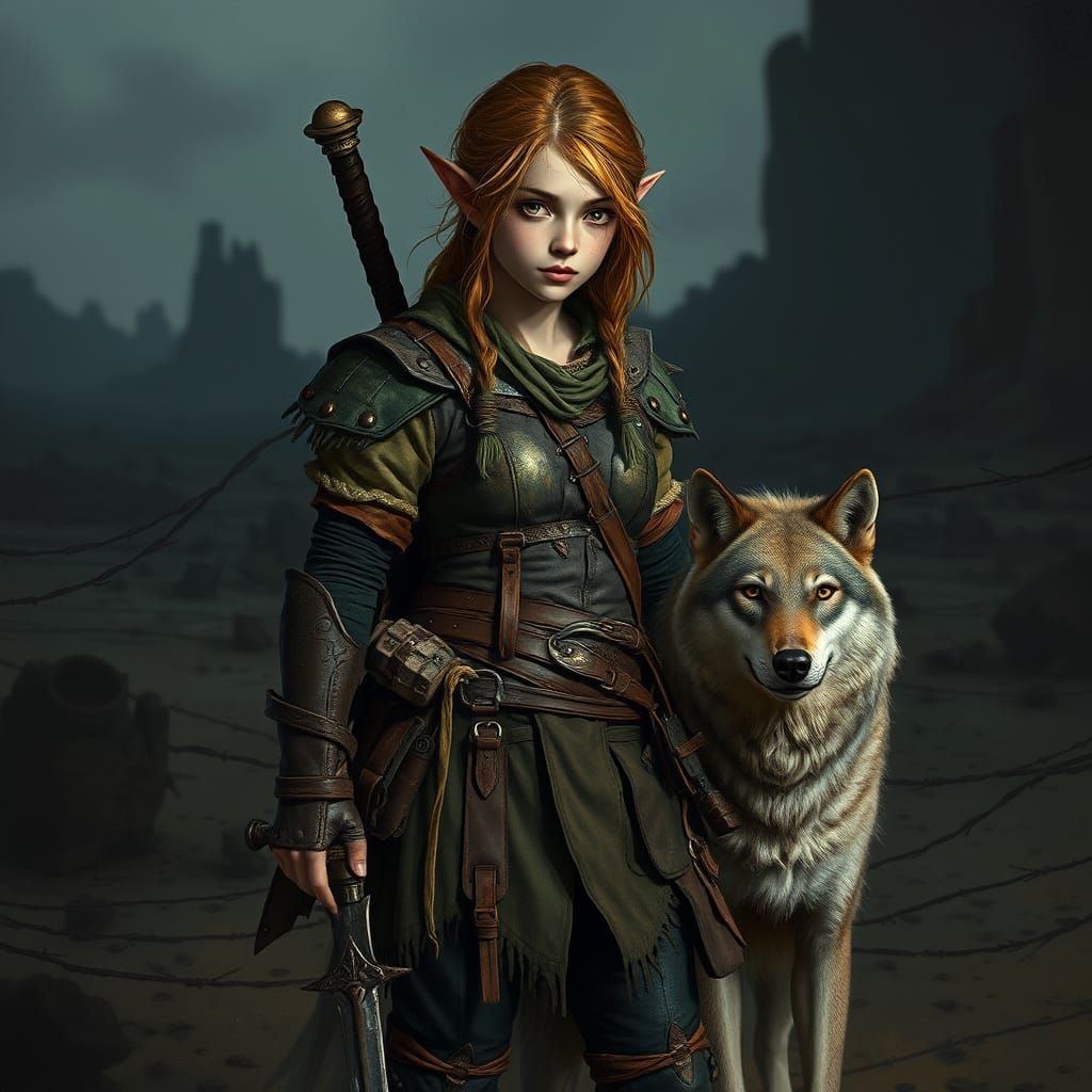 Half-Elf Beggar and Wolf in Post-Apocalyptic Landscape