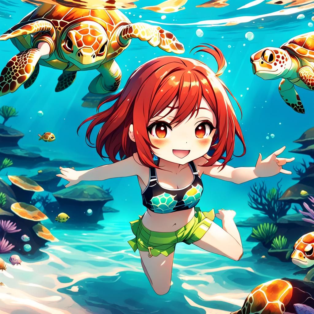 Anime Girl Swimming with Sea Turtle in Digital Art
