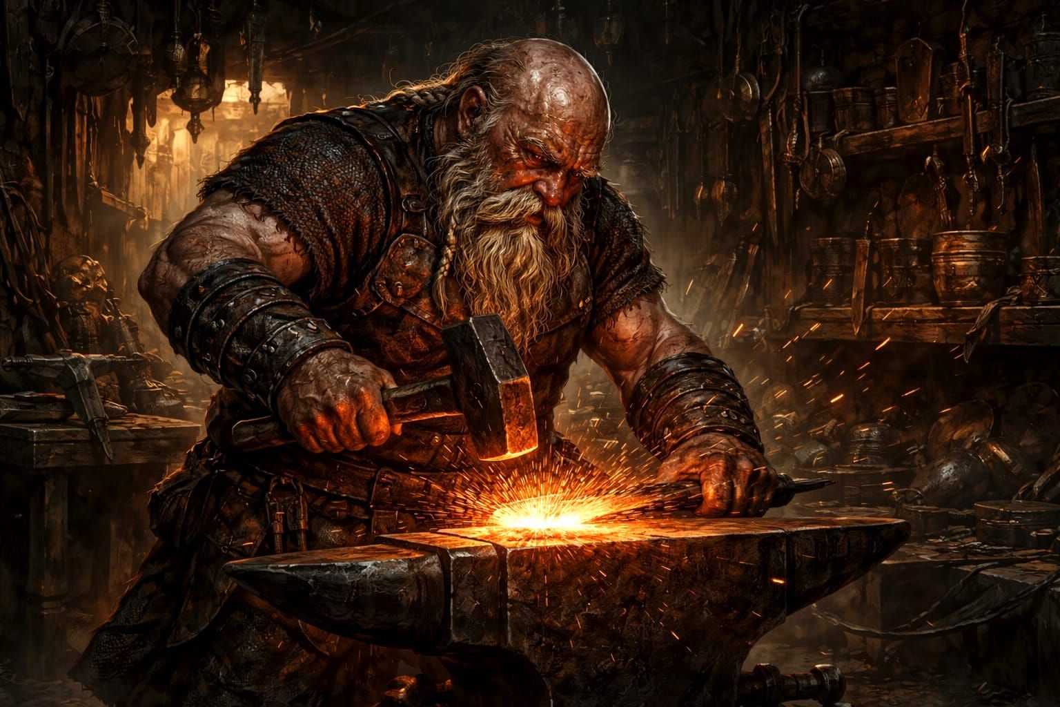 Dwarven Blacksmith Forging Metal in Gritty Workshop