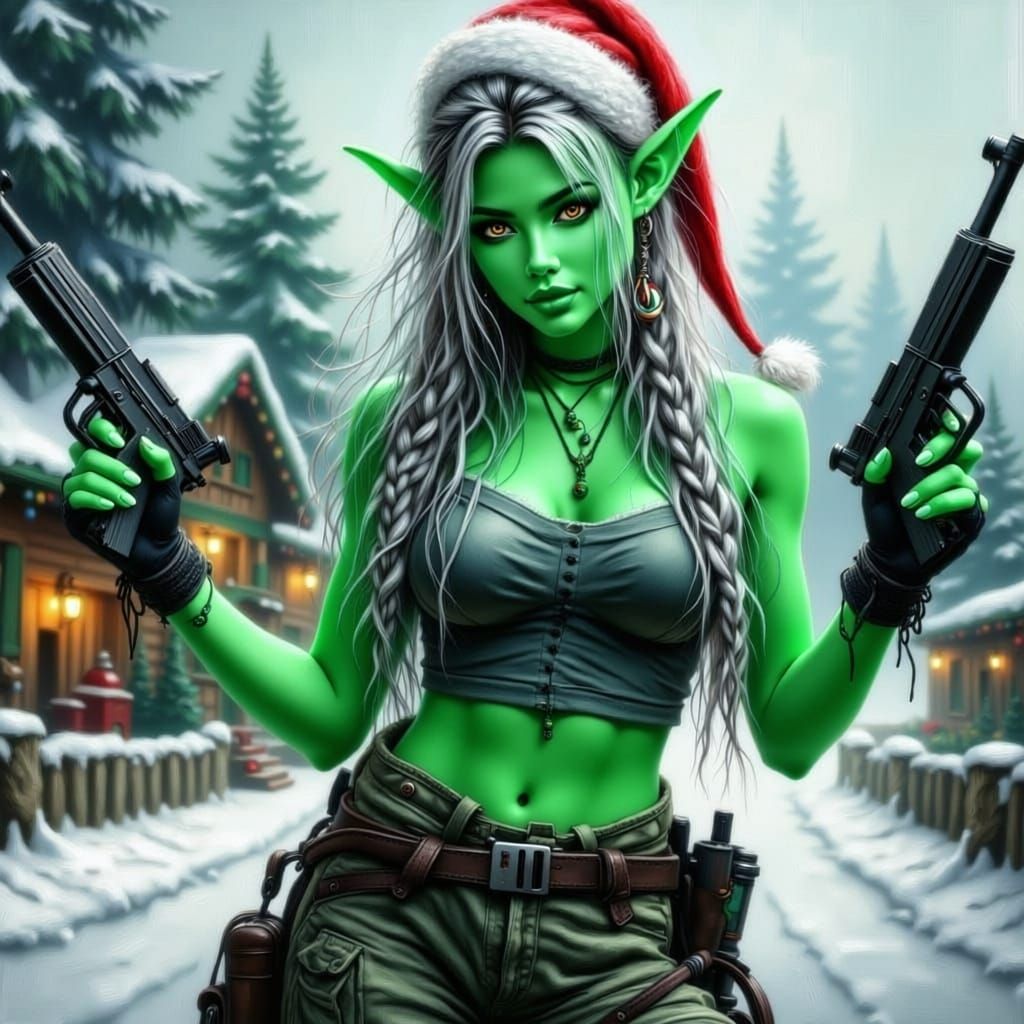 Determined Elf Warrior with Uzis in Arctic Village