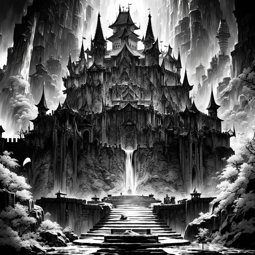 Monochrome Castle Concept Art with Cherry Blossoms