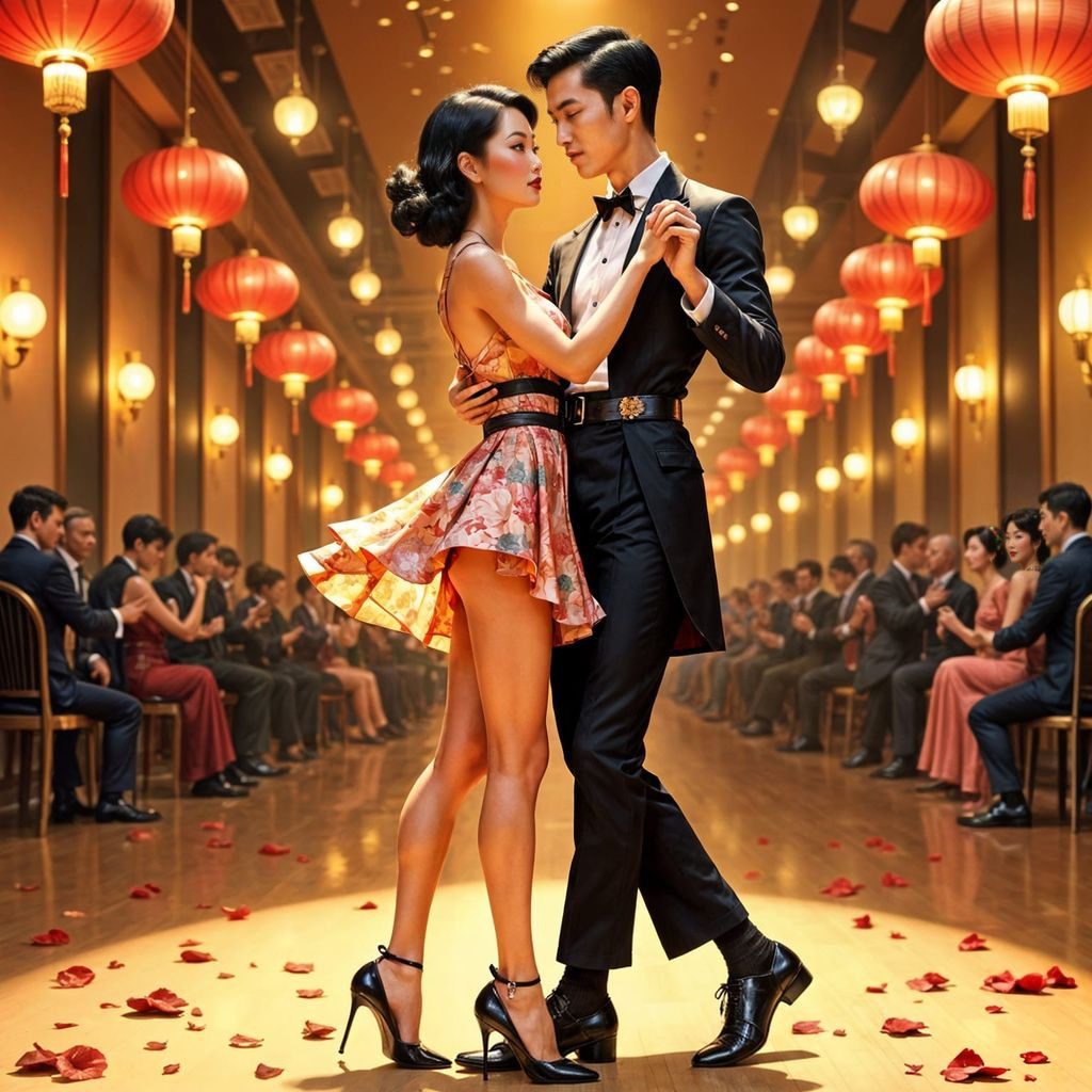 Elegant 1950s Asian Pin-up Couple Dance in Vintage Ballroom