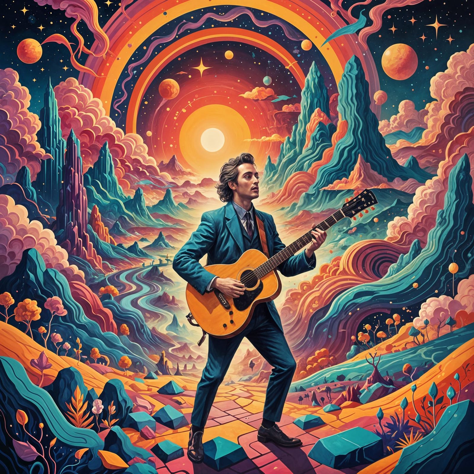 Surreal Album Cover with Musician in Psychedelic Art