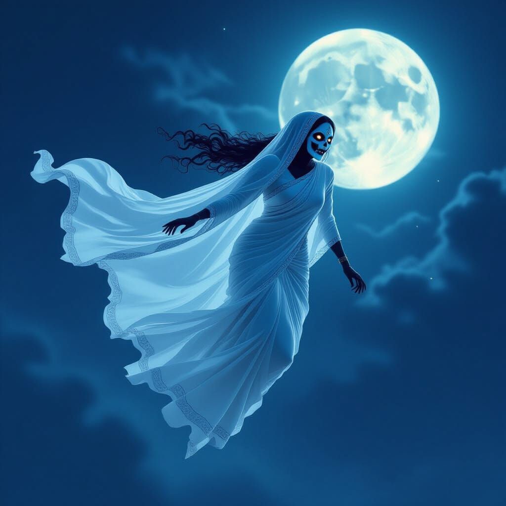 Ethereal Ghost in Saree Under Moonlight