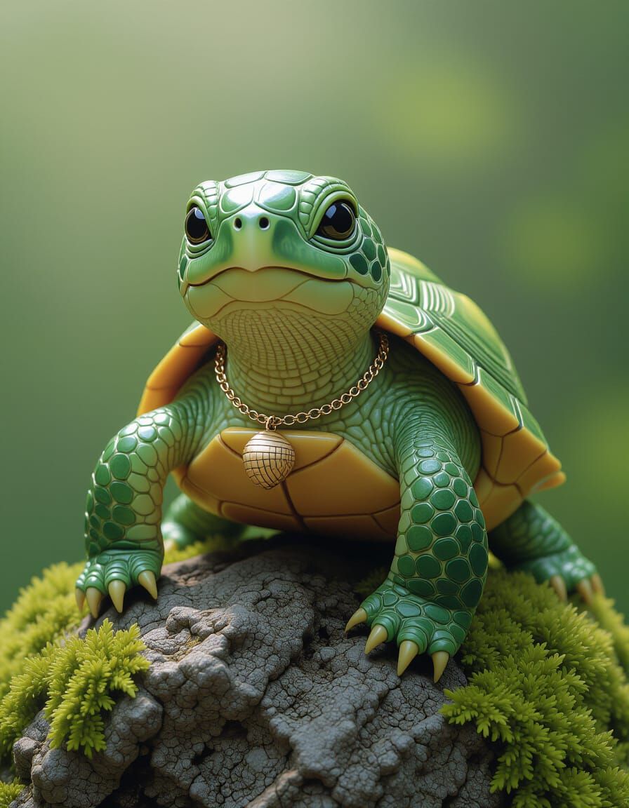 Hyperrealistic Clay Turtle Sculpture with Shell Necklace