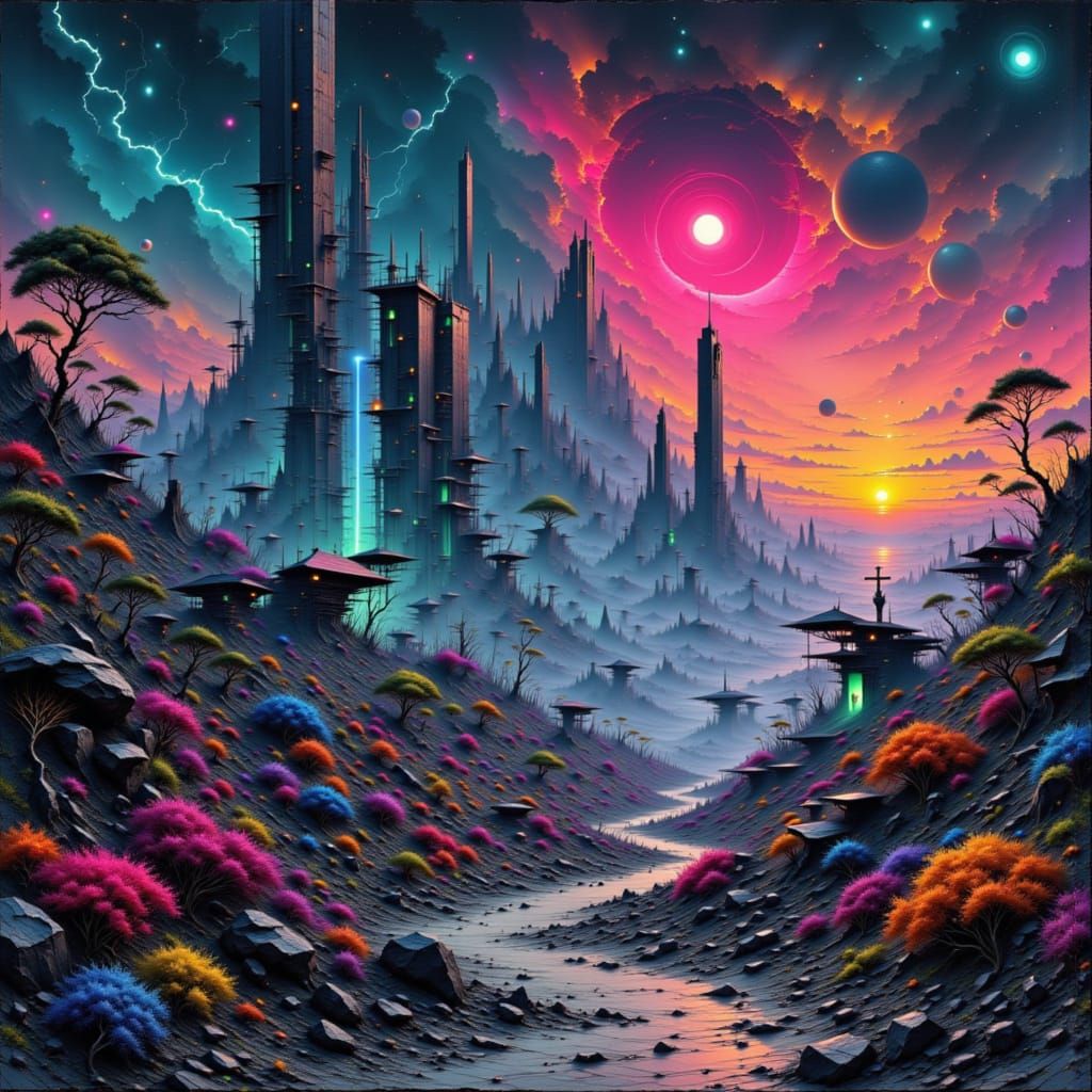 Retrofuturistic Analog Horror Landscape in Neon Lights