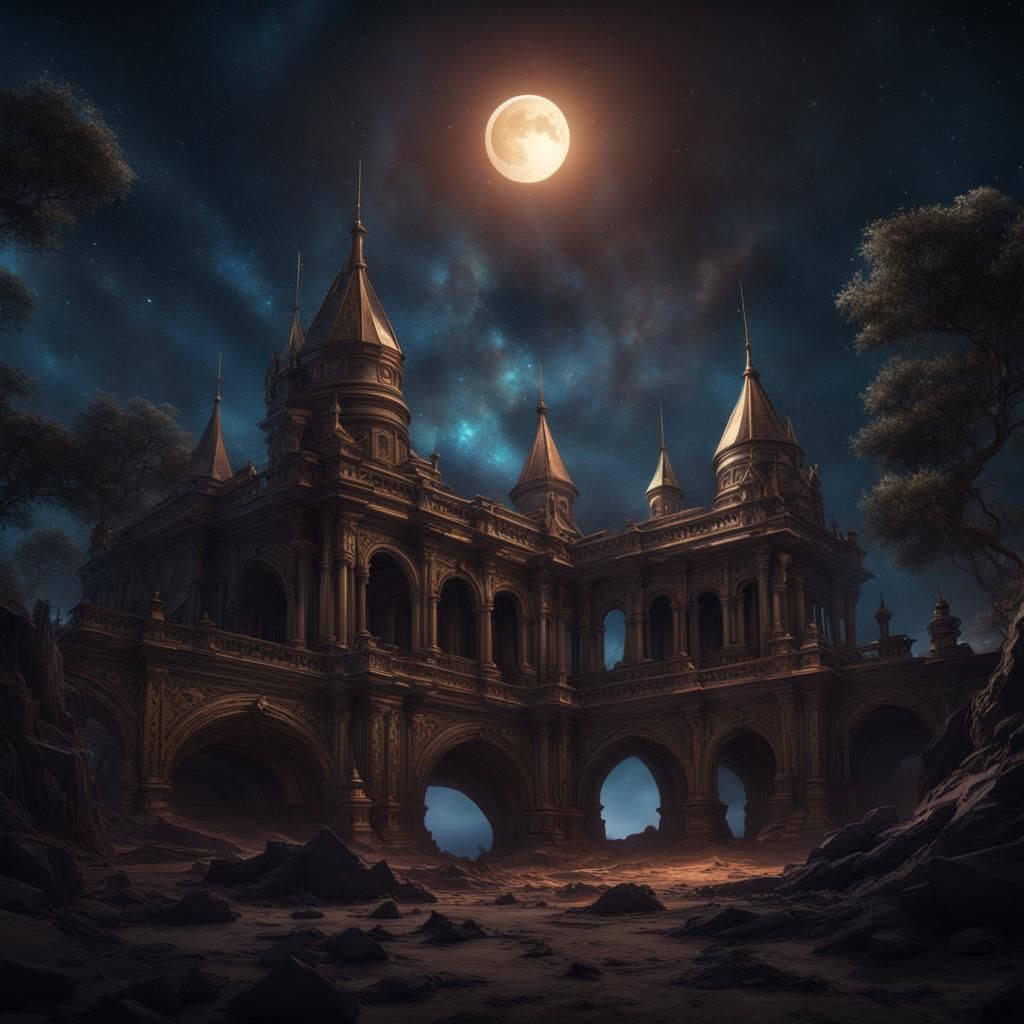 Stars and Crescent Moon in Dark Sky: Cosmic Digital Art