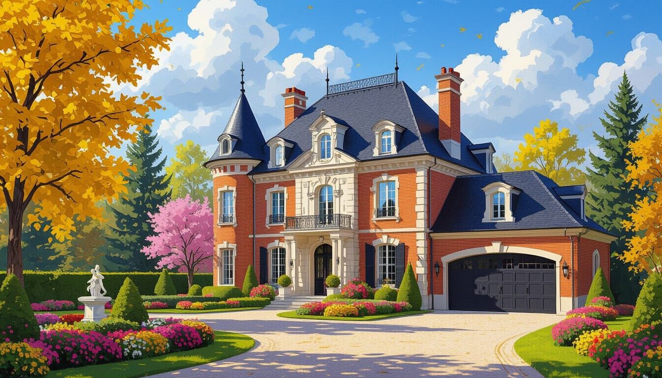 Grand Chateau Surrounded by Vibrant Trees and Flowers