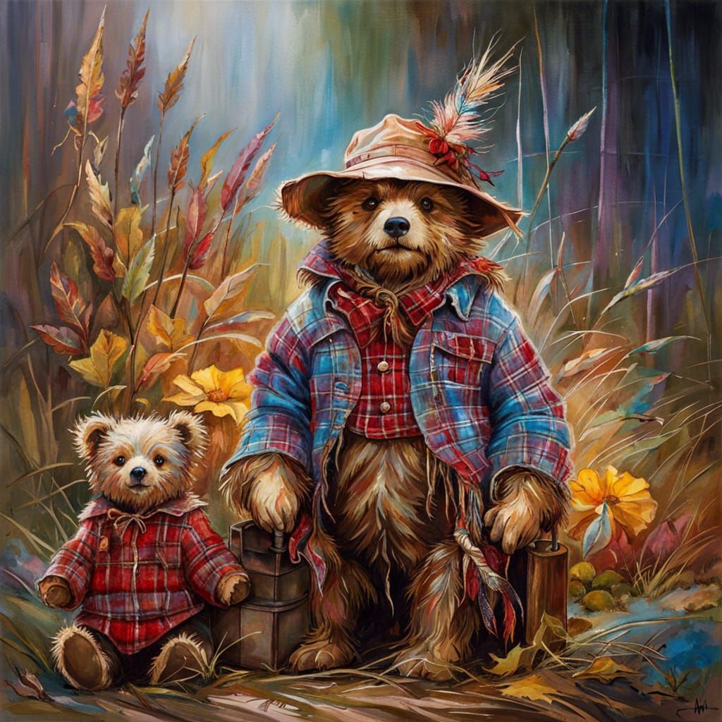 Country Plaid Teddy Bear Scarecrow, Hyper-Realistic Detail