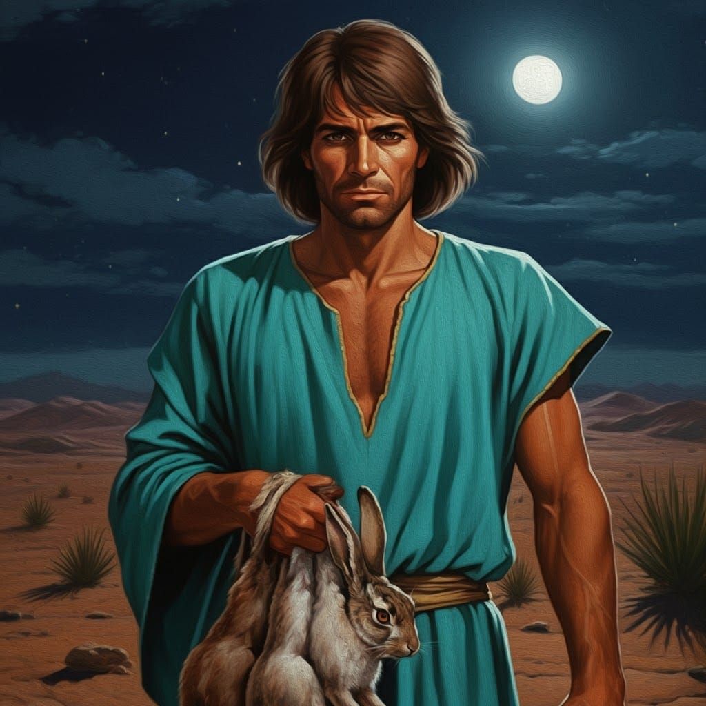 Desert Hunter Under Moonlight: 1980s Oil Painting