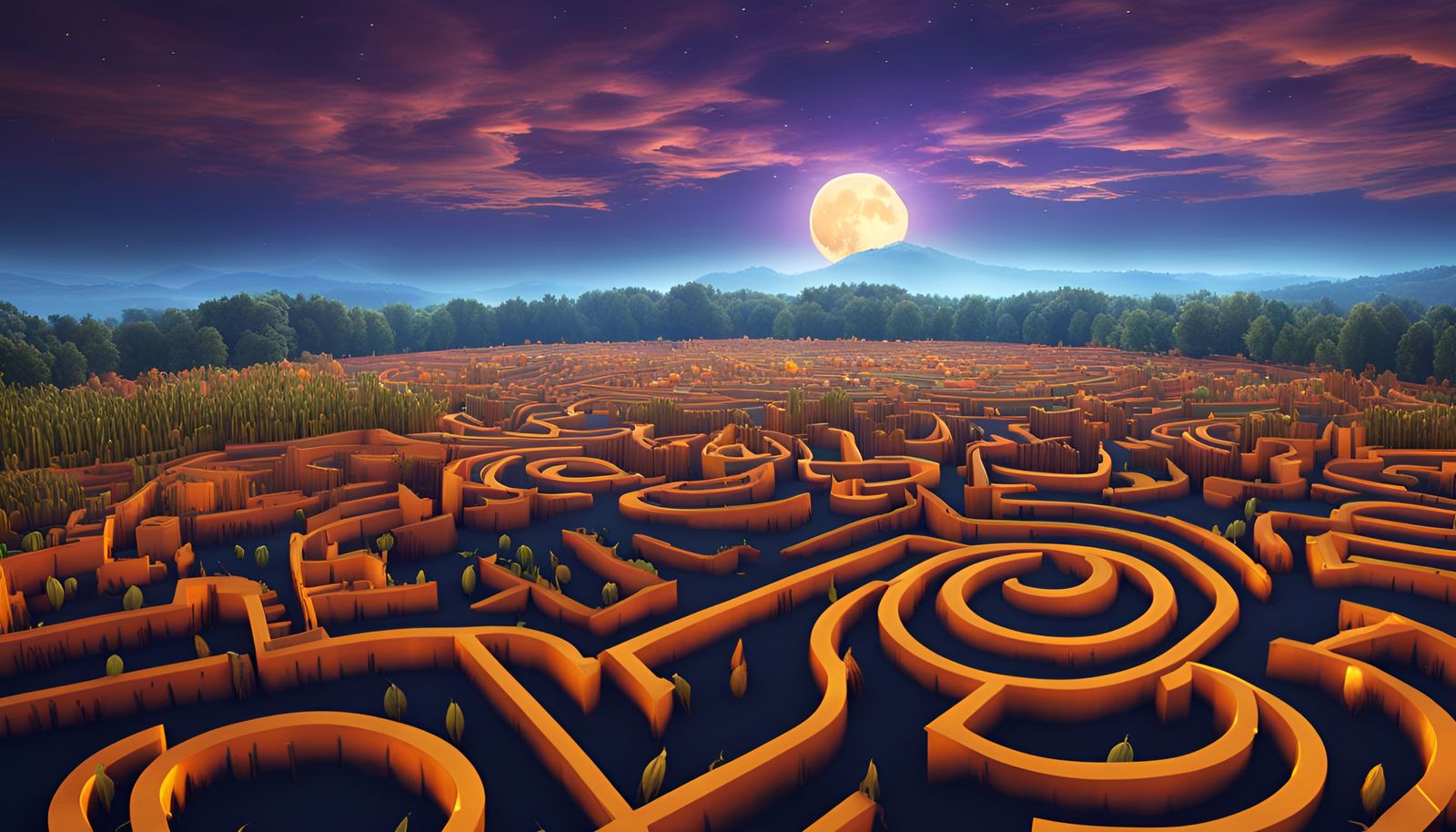 Magical Glowing Harvest Maze at Night
