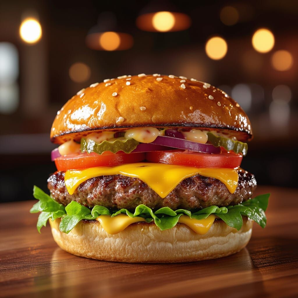 Hyperrealistic Juicy Burger in Modern Restaurant