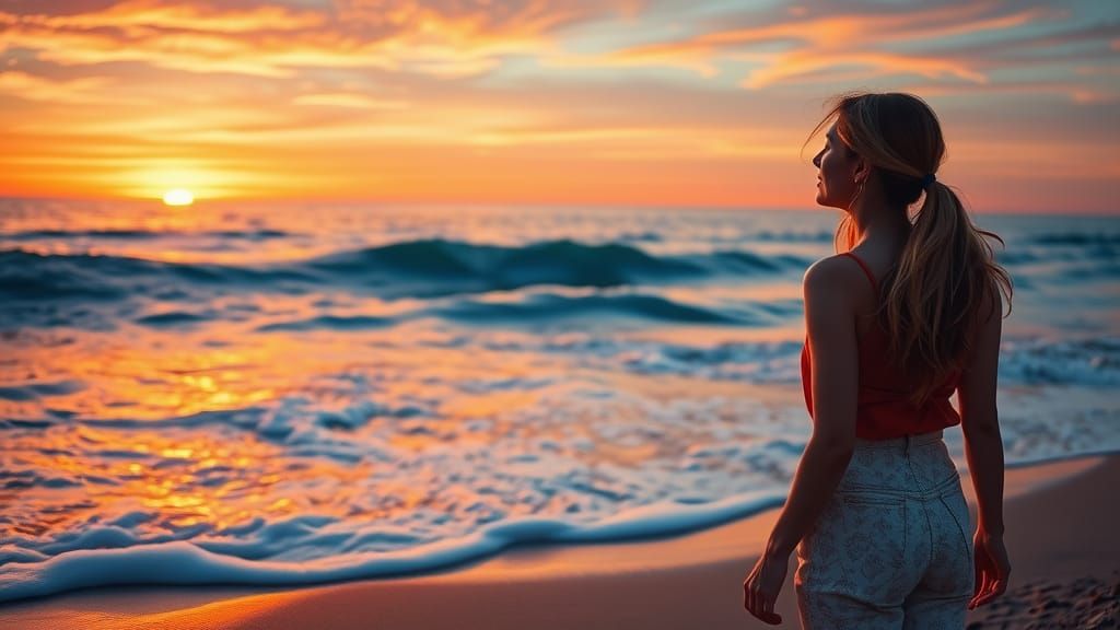 Woman Gazing at Sunset Ocean, Impressionistic Style