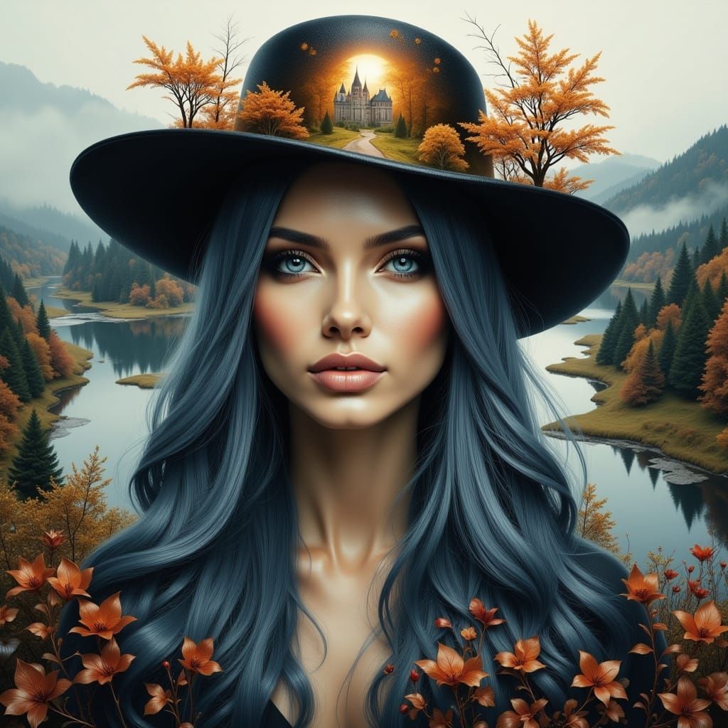 Whimsical Witch with Castle Hat in Autumn Landscape