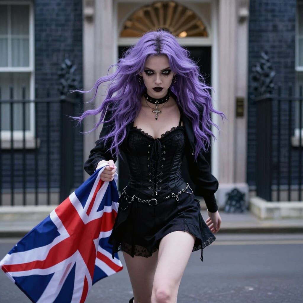 Goth Activist with British Flag at 10 Downing Street