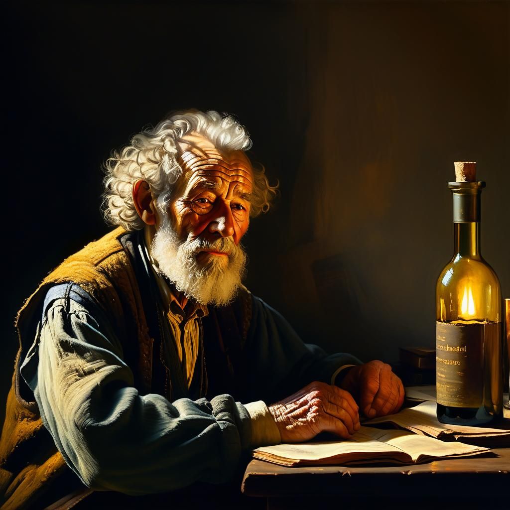 Elderly Man in Dimly Lit Office, Rembrandt Style