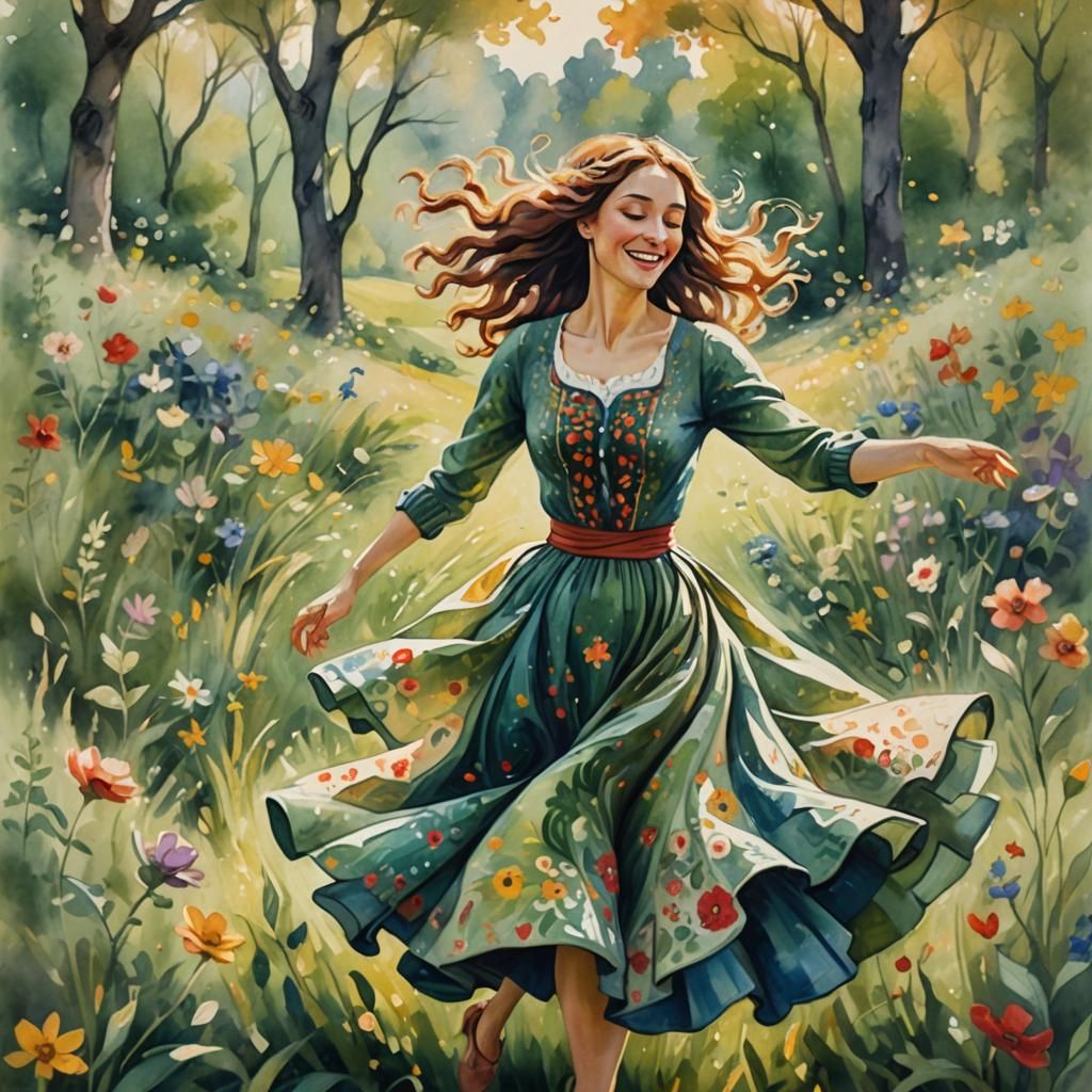 Joyful Woman Dancing in Lush Meadow: Folk Art