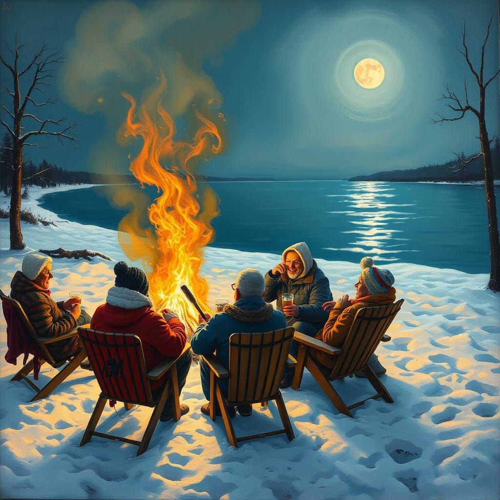 Winter Solstice Beach Gathering in Vibrant Oil Painting Styl...