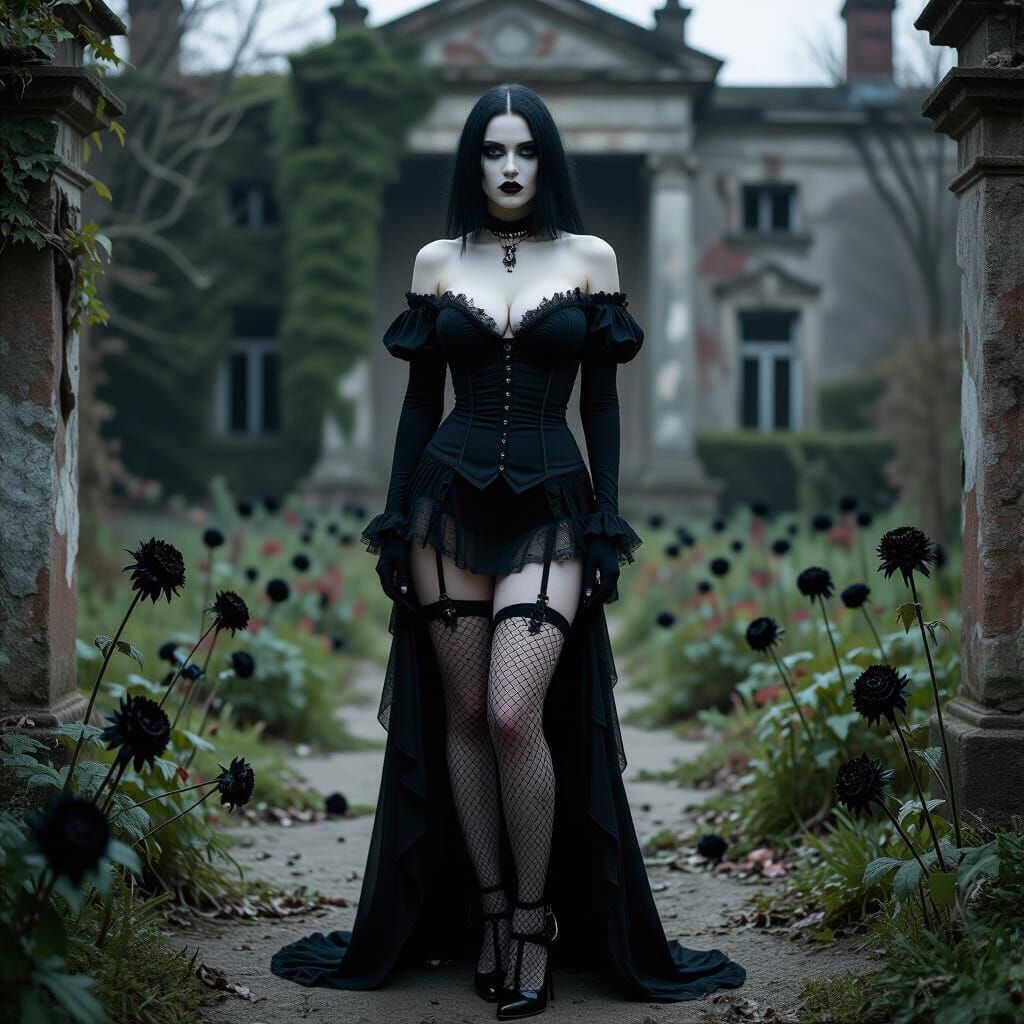 Goth Woman in Decaying Garden with Black Lace Dress