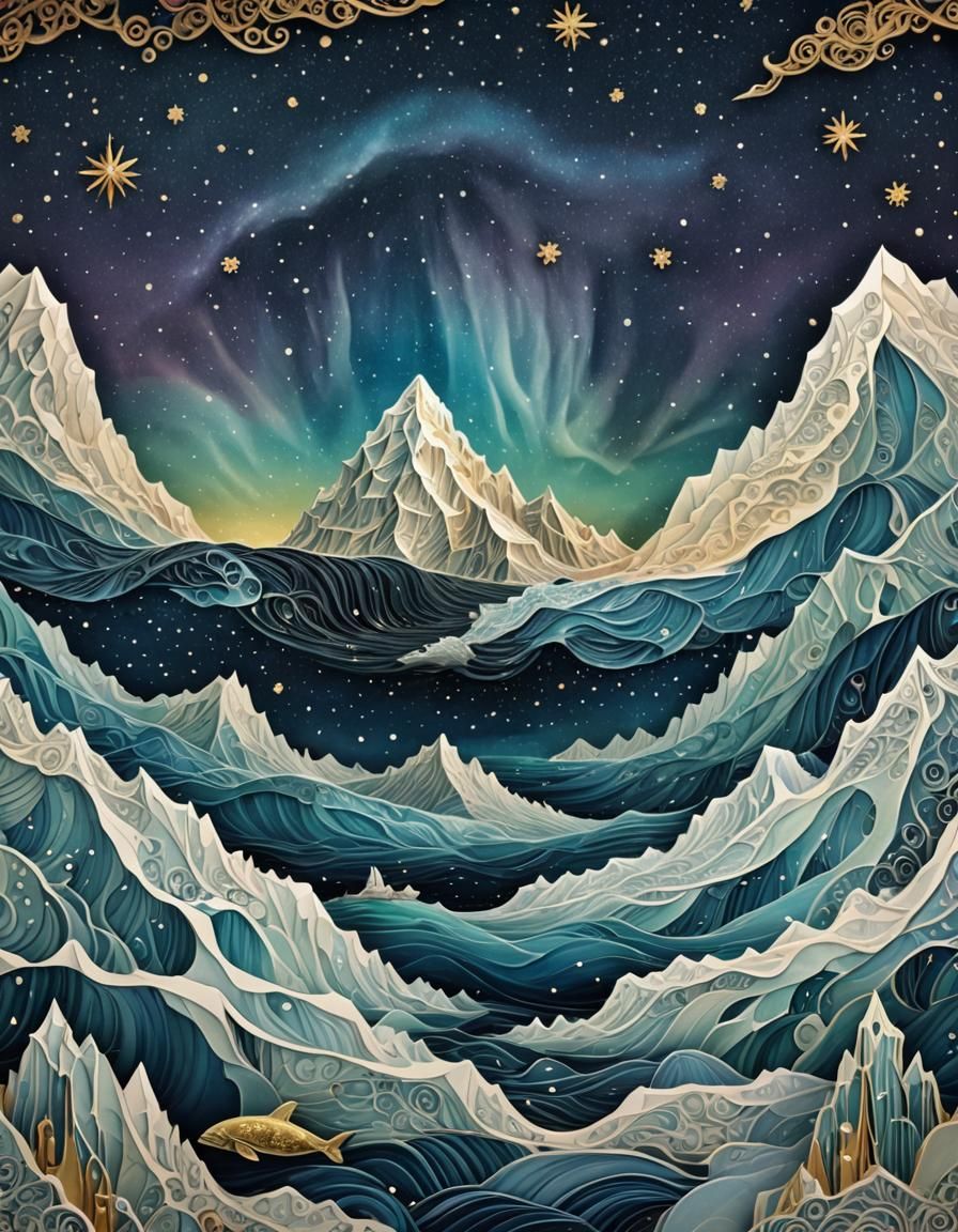 Intricate Papercraft Iceberg Under Aurora Borealis