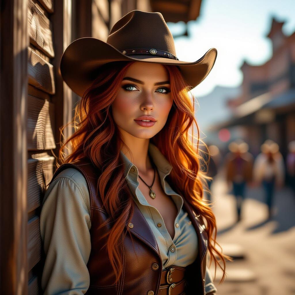 a beautiful woman with a long,  red mane, dressed in a worn ...