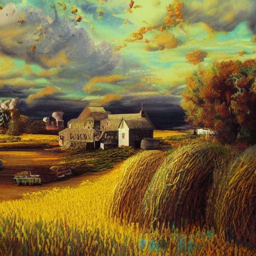Rural Farm in Grungy Oil Painting Style