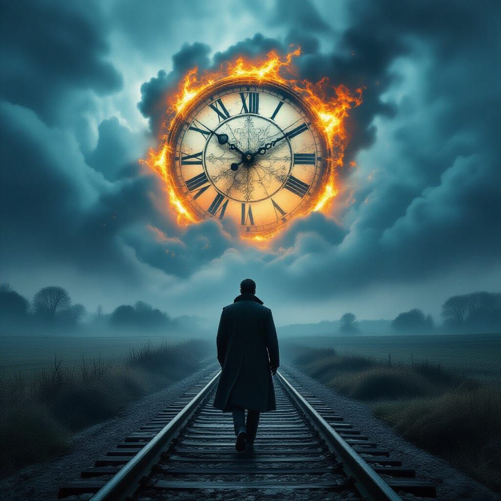 Surreal Clock Tower Over Train Tracks