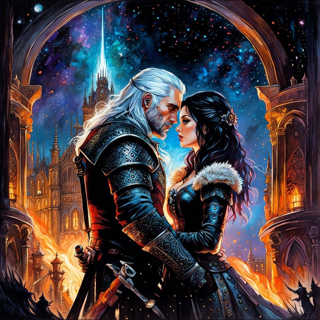 Geralt and Yennefer in Dark Fantasy Style