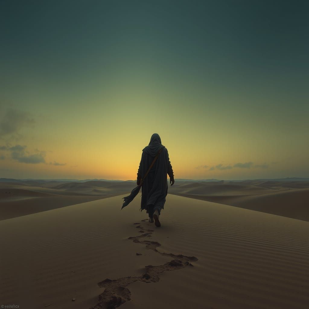 Lone Figure in Vast Desert Under Twilight Sky
