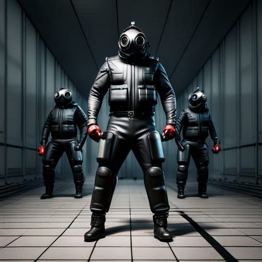 Muscular Men in Latex Suits: 3D Cinematic Scene