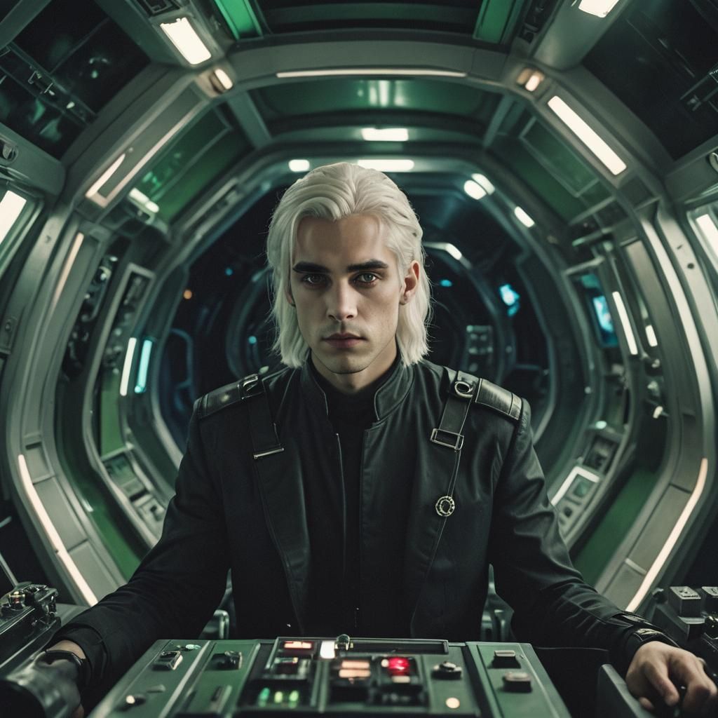 Gothic Man in Spaceship Cockpit: Cinematic Film Still