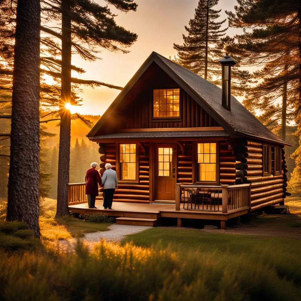 Cozy Cabin Sunrise Scene with Elderly Couple